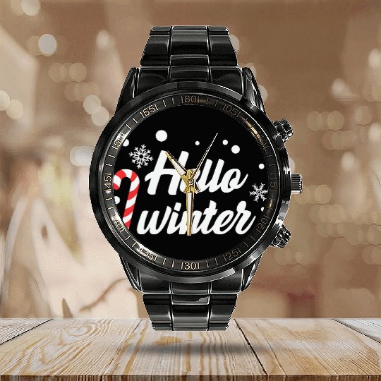 Hello Winter Christmas Candy Canes Calendar Steel Band Watch