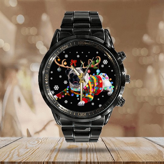 Funny Pug Dog Christmas Reindeer Christmas Lights Calendar Steel Band Watch
