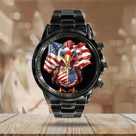 Thanksgiving Pride: Turkey Adorned with Flag Calendar Steel Band Watch