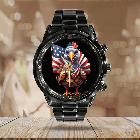 Patriotic Plumes: Thanksgiving Turkey Flag Style Calendar Steel Band Watch