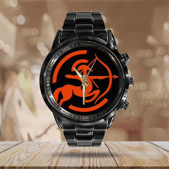 Zodiac Sagittarius Arc Icon Minimalistic In Red Calendar Steel Band Watch