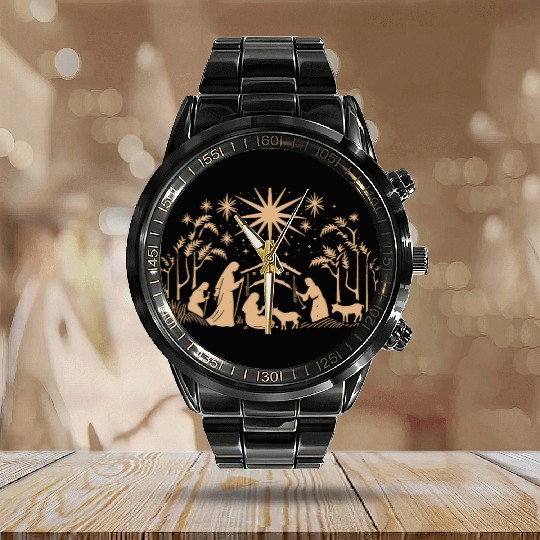 Nativity Scene with Mary Joseph Baby Jesus Calendar Steel Band Watch