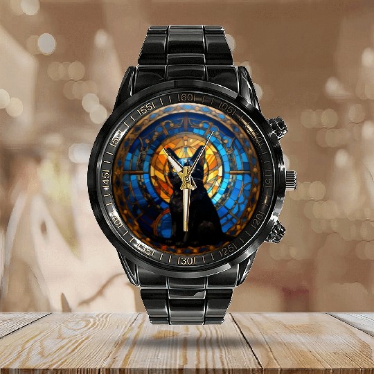Bombay cat in stained glass Calendar Steel Band Watch
