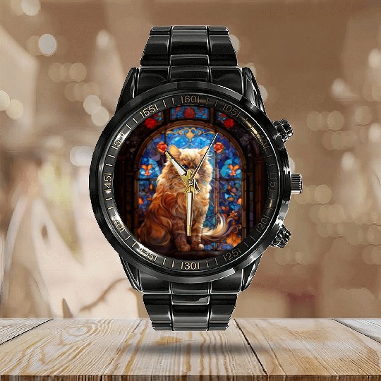 Persian cat in stained glass Calendar Steel Band Watch