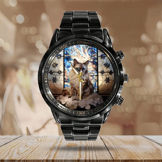 Ragdoll cat in stained glass Calendar Steel Band Watch