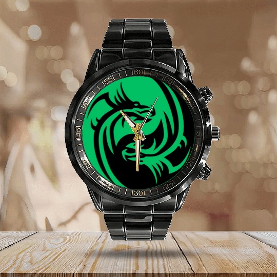 tow Dragonball in circle green and black Calendar Steel Band Watch