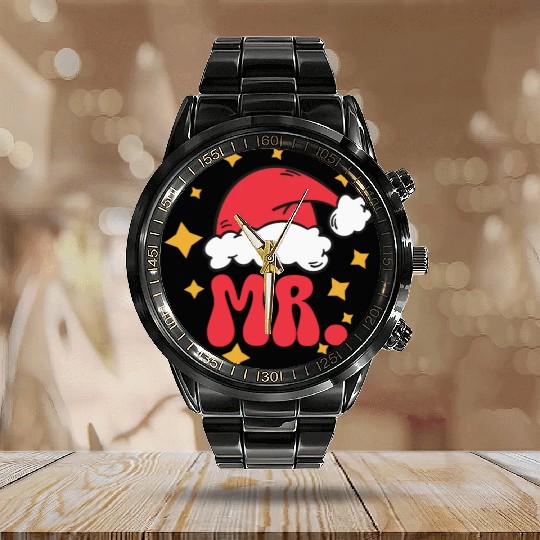 Mr And Mrs Claus Christmas Couples Matching Pajama Calendar Steel Band Watch
