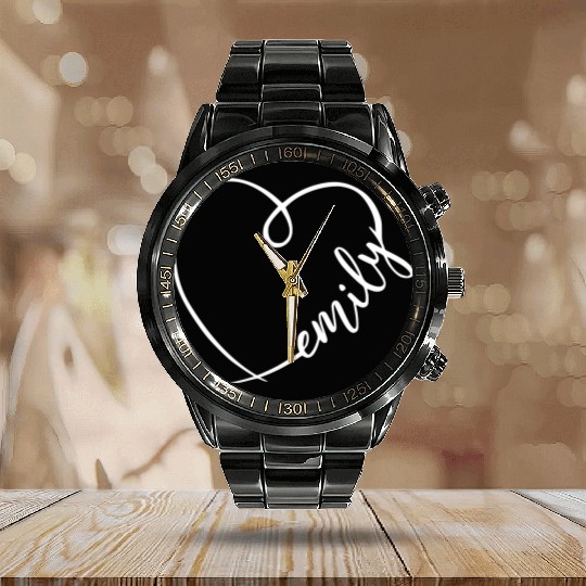 Emily Name Heart Calligraphy Calendar Steel Band Watch