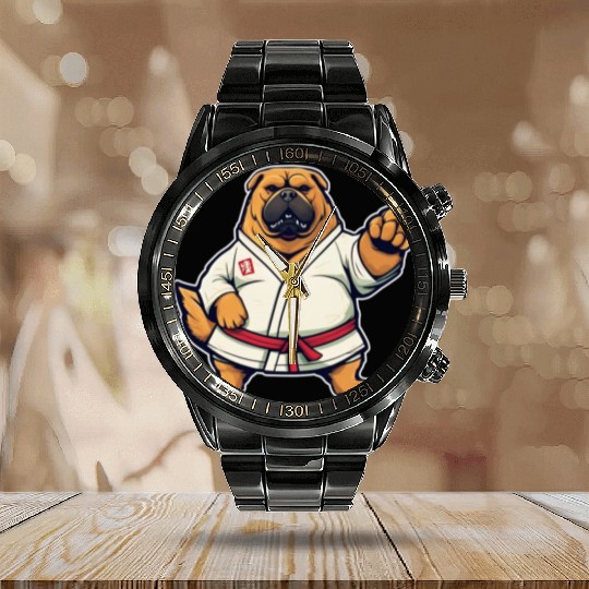 Karate Dog Calendar Steel Band Watch