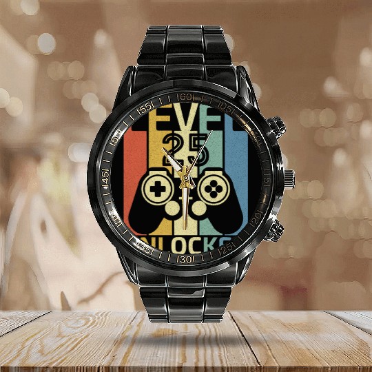 Level 25 Unlocked Funny Video Gamer 25Th Birthday Calendar Steel Band Watch