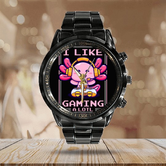 Gaming, Axolotl, Gaming, Video Game, Unicorn Gamer Calendar Steel Band Watch