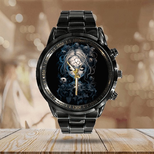 Gothic Girl Halloween Fantasy Dark Calendar Steel Band Watch