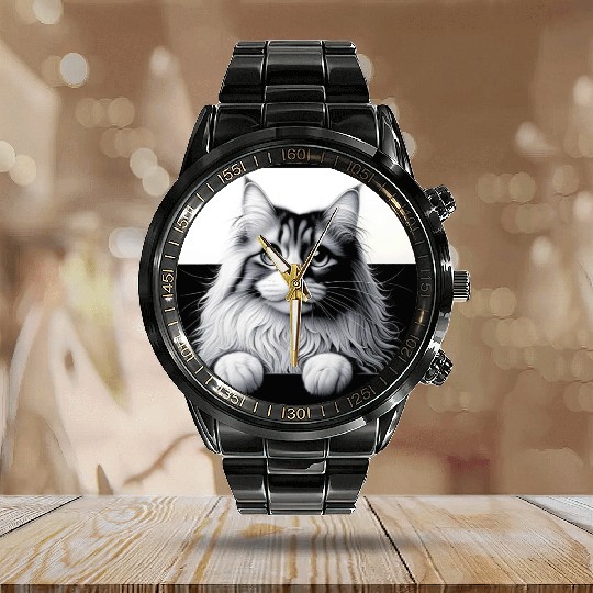 More Treats persian 1- Cute realistic cat drawing Calendar Steel Band Watch
