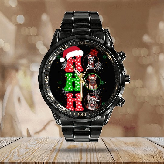 hohoho french bulldog christmas santa claus Calendar Steel Band Watch