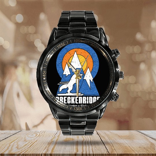 Retro Breckenridge Ski White Fox Calendar Steel Band Watch