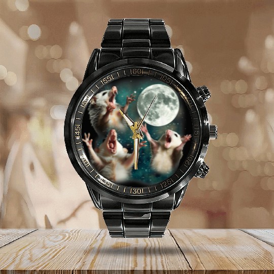 Three Possum Moon 3 Opossum Funny Weird Cursed Mem Calendar Steel Band Watch