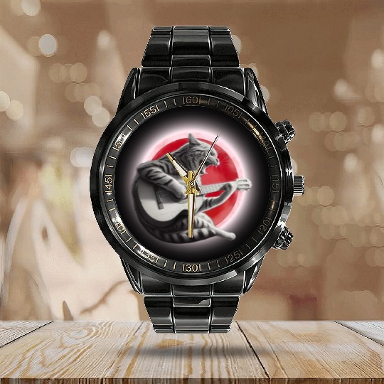 Rock Cat Playing Guitar Calendar Steel Band Watch under the red moon