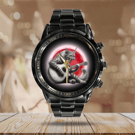 Rock Cat Playing Guitar Calendar Steel Band Watch under the red moon