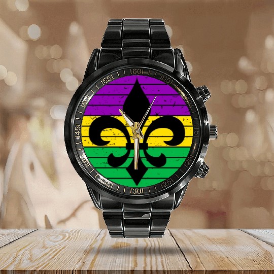 Mardi Gras Fleur De Lis Calendar Steel Band Watch