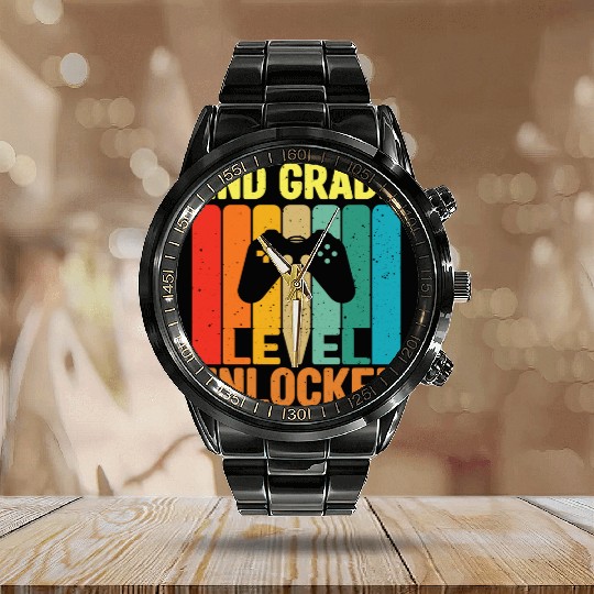 2nd Grade Level Unlocked Video Game Back to School Calendar Steel Band Watch