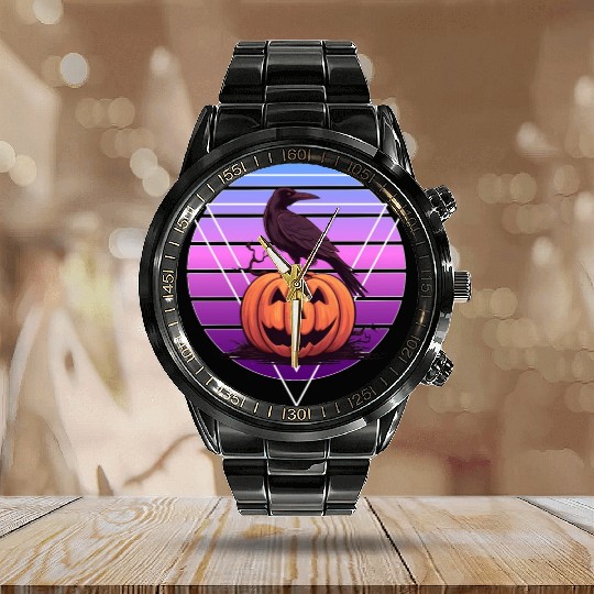 Raven Crow On Pumpkin Vaporwave Halloween Pagan Ae Calendar Steel Band Watch