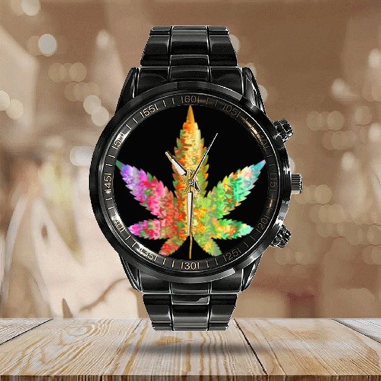 Psychedelic Weed Cannabis Plant Marijuana Leaf Calendar Steel Band Watch