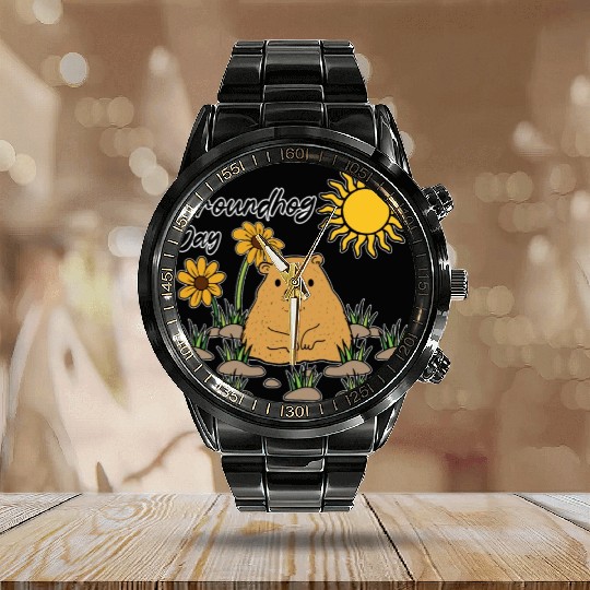 Happy Groundhog Day Animal Spirit Rodent Calendar Steel Band Watch