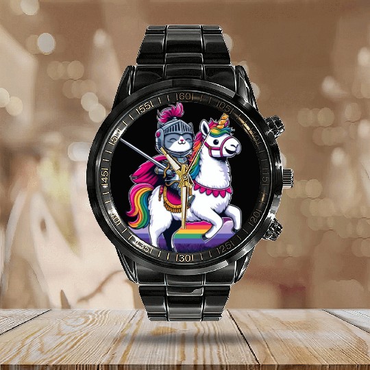 Happy Funny Cat Knight Riding Unicorn Llama Alpaca Calendar Steel Band Watch