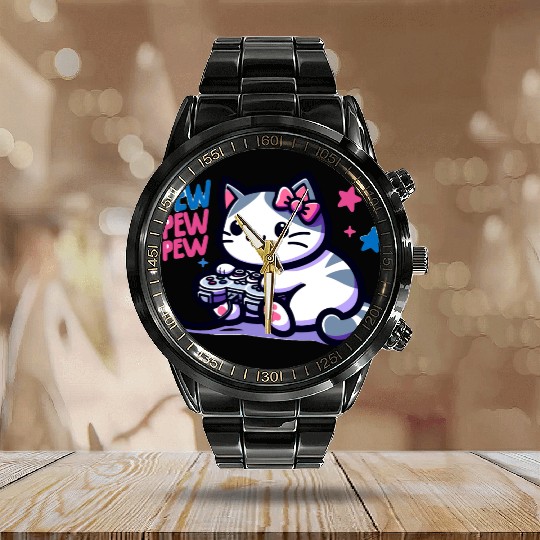 Cat Play Console Game Pew Pew Pew Calendar Steel Band Watch
