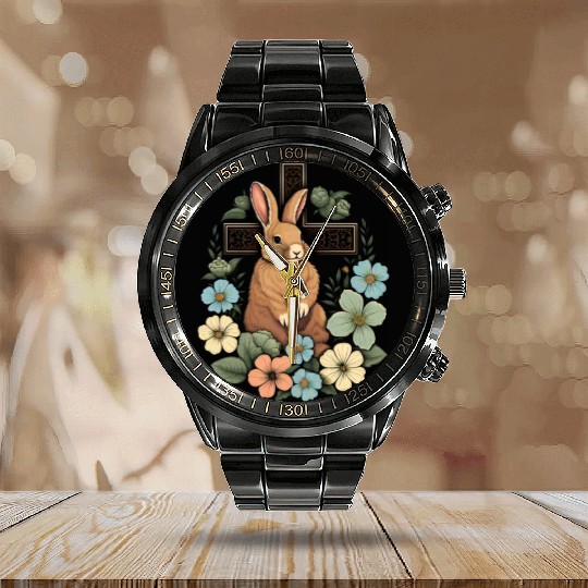 Christian Easter Day Cross Easter Bunny Rabbit Calendar Steel Band Watch