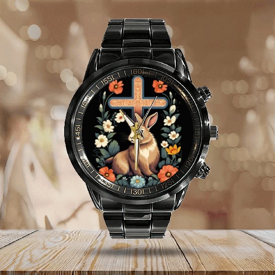 Christian Easter Day Cross Easter Bunny Rabbit Calendar Steel Band Watch
