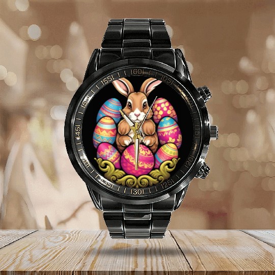 Easter Bunny Rabbit Colorful Eggs Easter Egg Hunt Calendar Steel Band Watch