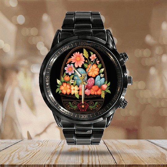Easter Day Easter Egg Basket Spring Flowers Calendar Steel Band Watch