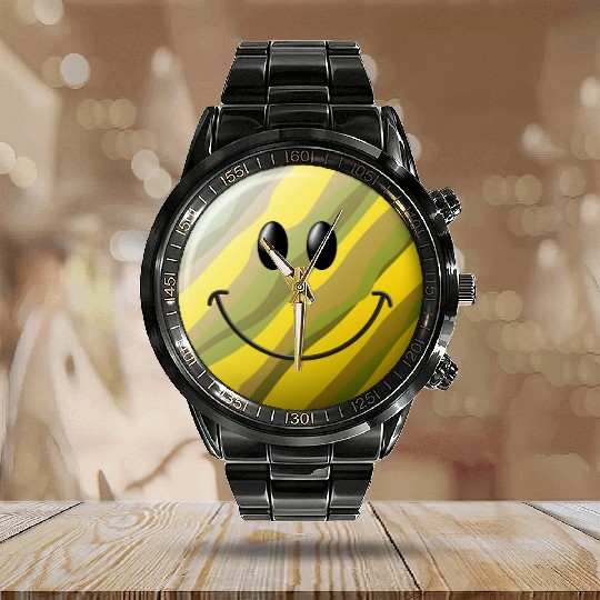 Camo Smiling Happy Face Calendar Steel Band Watch