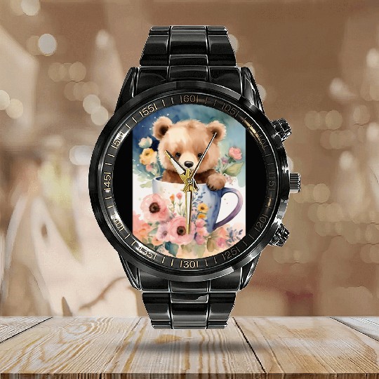 A cute bear baby in mug flowers around watercolor Calendar Steel Band Watch