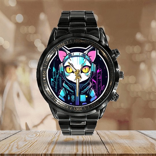 Cyberpunk Cat Calendar Steel Band Watch
