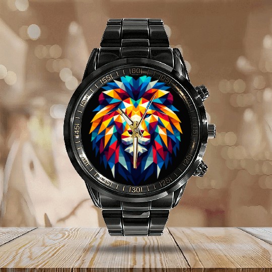 Geometric Lion King - Colorful Wildlife Abstract Calendar Steel Band Watch