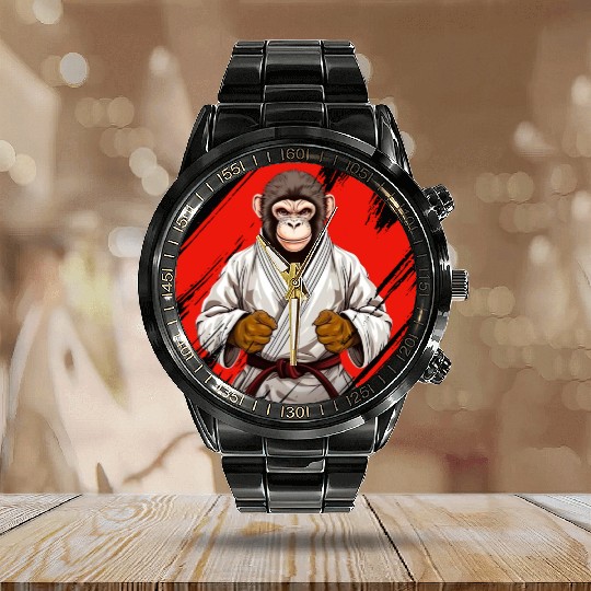 Karate Judo Monkey Chimpanzee Martial arts Calendar Steel Band Watch