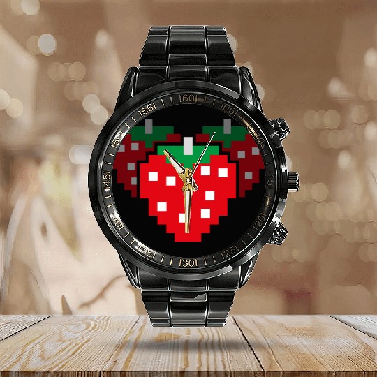 8 Bit Pixel Strawberry 80s Video Game 100 Days of Calendar Steel Band Watch