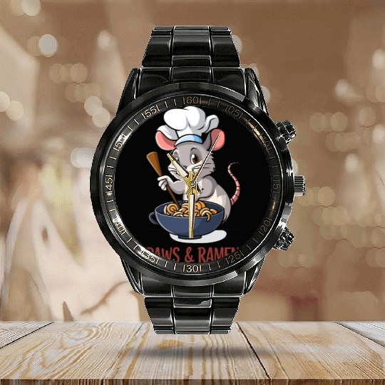 Paws and Ramen Funny Rat Animal Sayings Calendar Steel Band Watch