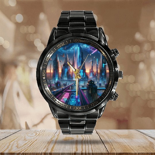 Future Metropolis Neon Cityscape at Night Calendar Steel Band Watch