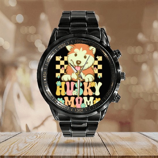 Groovy Siberian Husky Female Dog Lover Calendar Steel Band Watch