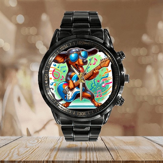 Cute Dachshund playing E-Guitar Calendar Steel Band Watch