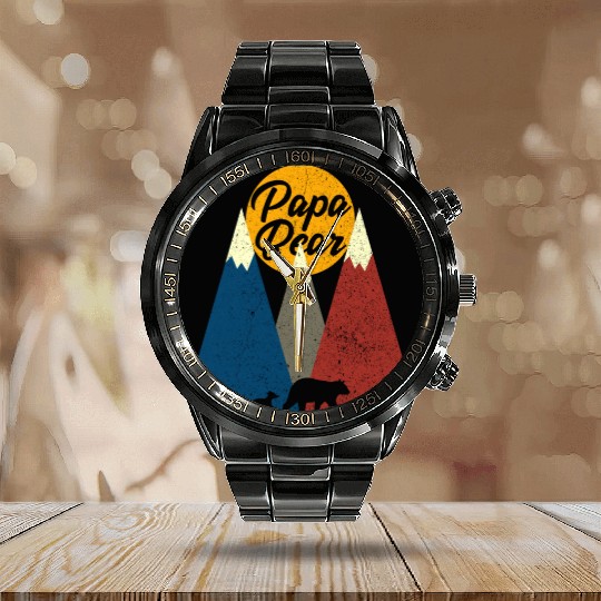 Papa Bear and Cub Outdoor Animal Lover Fathers Day Calendar Steel Band Watch