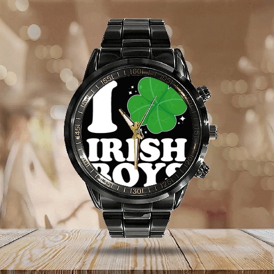 I Love Irish Boys Shamrock Heart St Patrick's Day Calendar Steel Band Watch