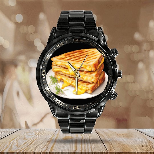 Plate of Grilled Cheese Sandwich Calendar Steel Band Watch