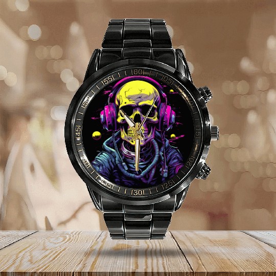 Skull DJ Astronaut Space Sci-Fi Planet Galaxy Calendar Steel Band Watch