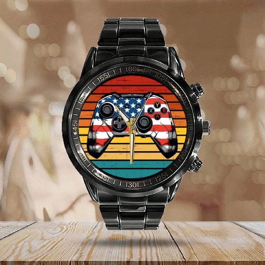 Sunset Video Game Calendar Steel Band Watch