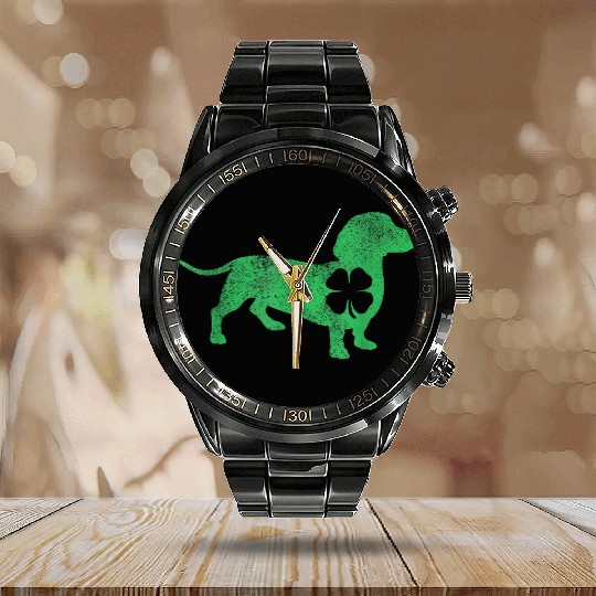 Dachshund Dog Shamrock St Patrick s Day Saint Pa Calendar Steel Band Watch