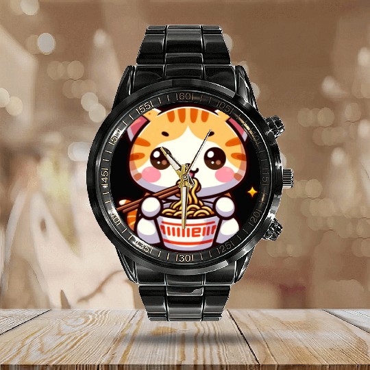 Cute Cat Eating Ramen Calendar Steel Band Watch